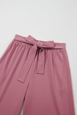 High Waisted Tie Front Side Pocket Wide Leg Flowy Casual Pants