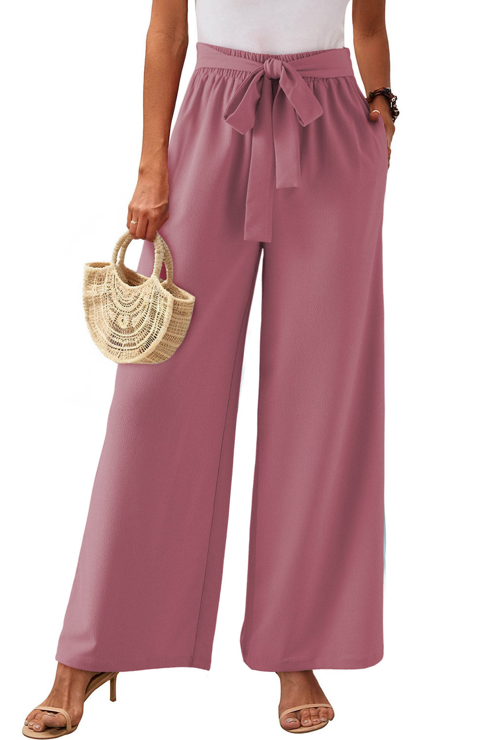 High Waisted Tie Front Side Pocket Wide Leg Flowy Casual Pants