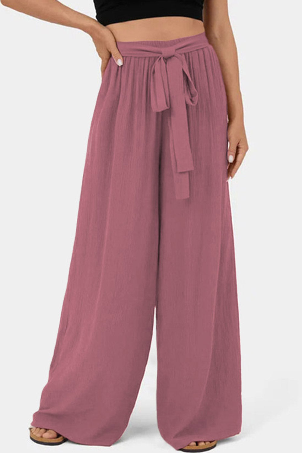 High Waisted Tie Front Side Pocket Wide Leg Flowy Casual Pants