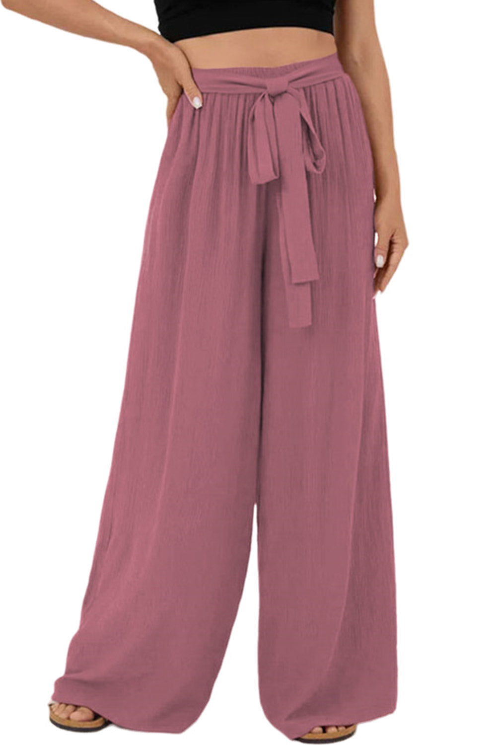 High Waisted Tie Front Side Pocket Wide Leg Flowy Casual Pants
