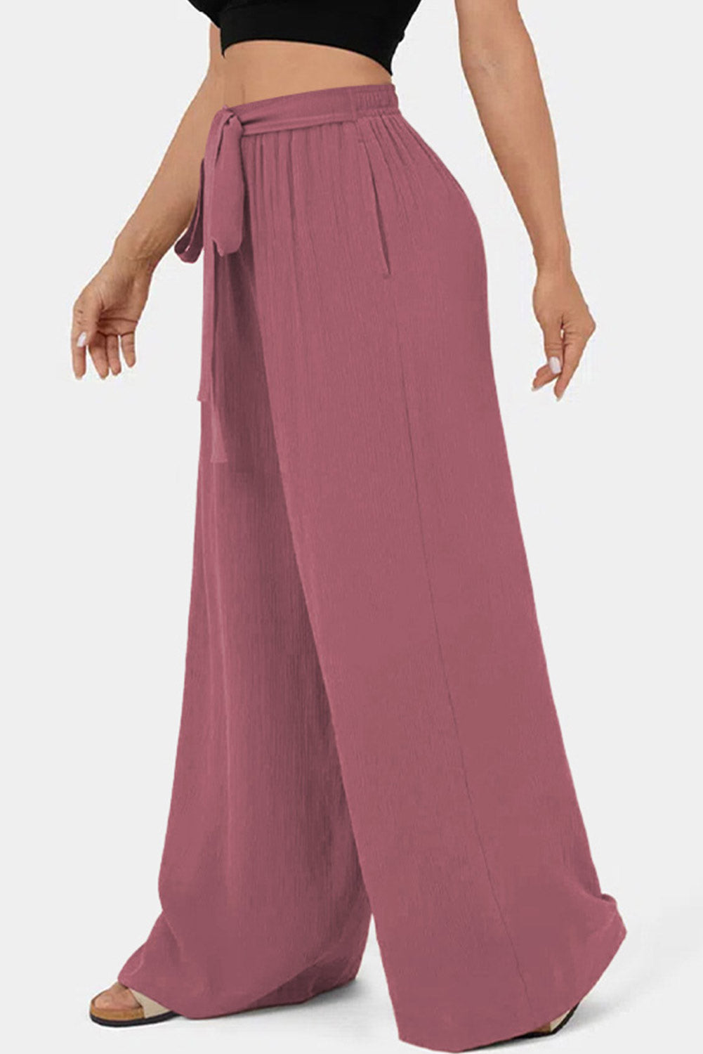 High Waisted Tie Front Side Pocket Wide Leg Flowy Casual Pants