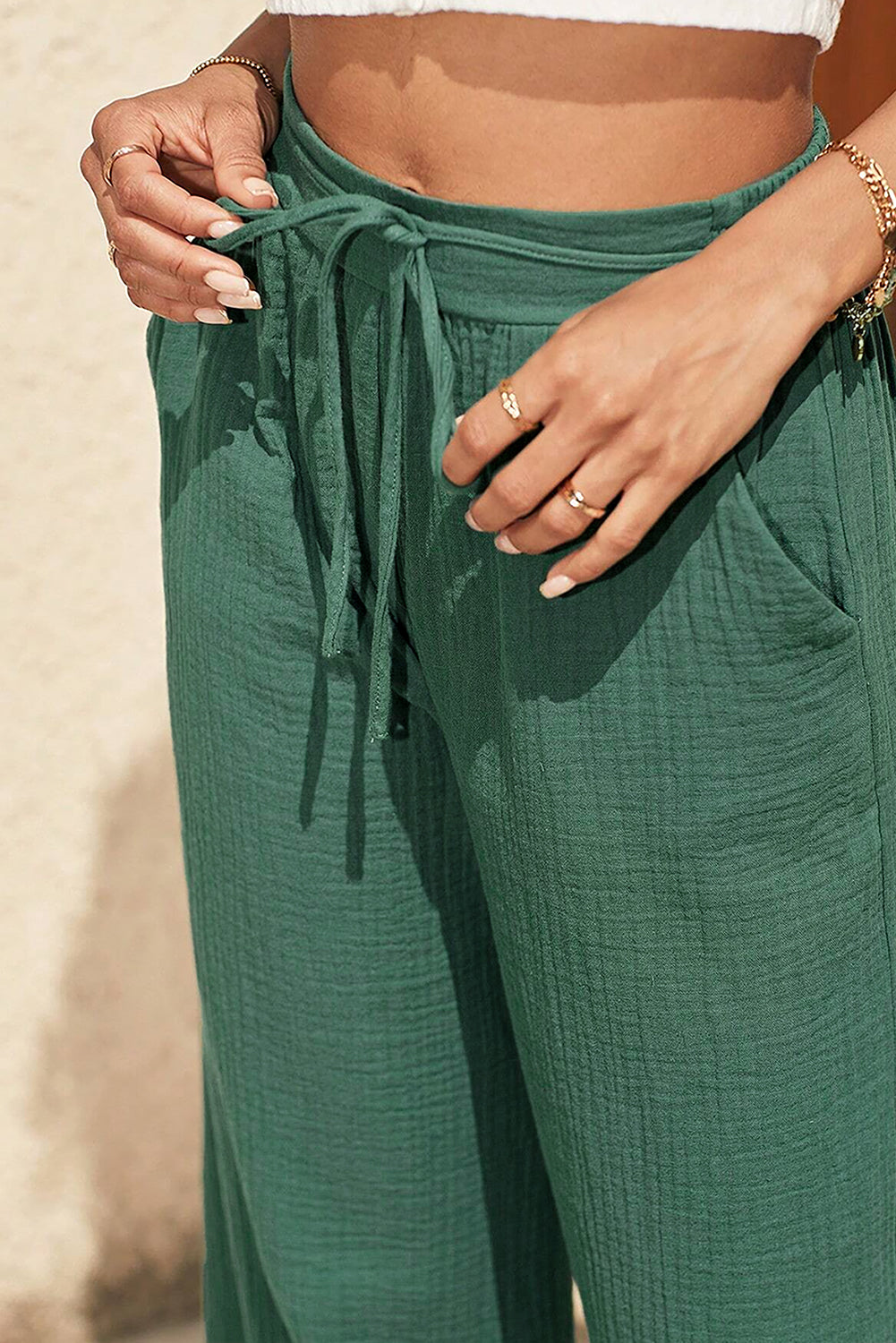 Mist Green Crinkle Textured Drawstring High Waist Wide Leg Pants