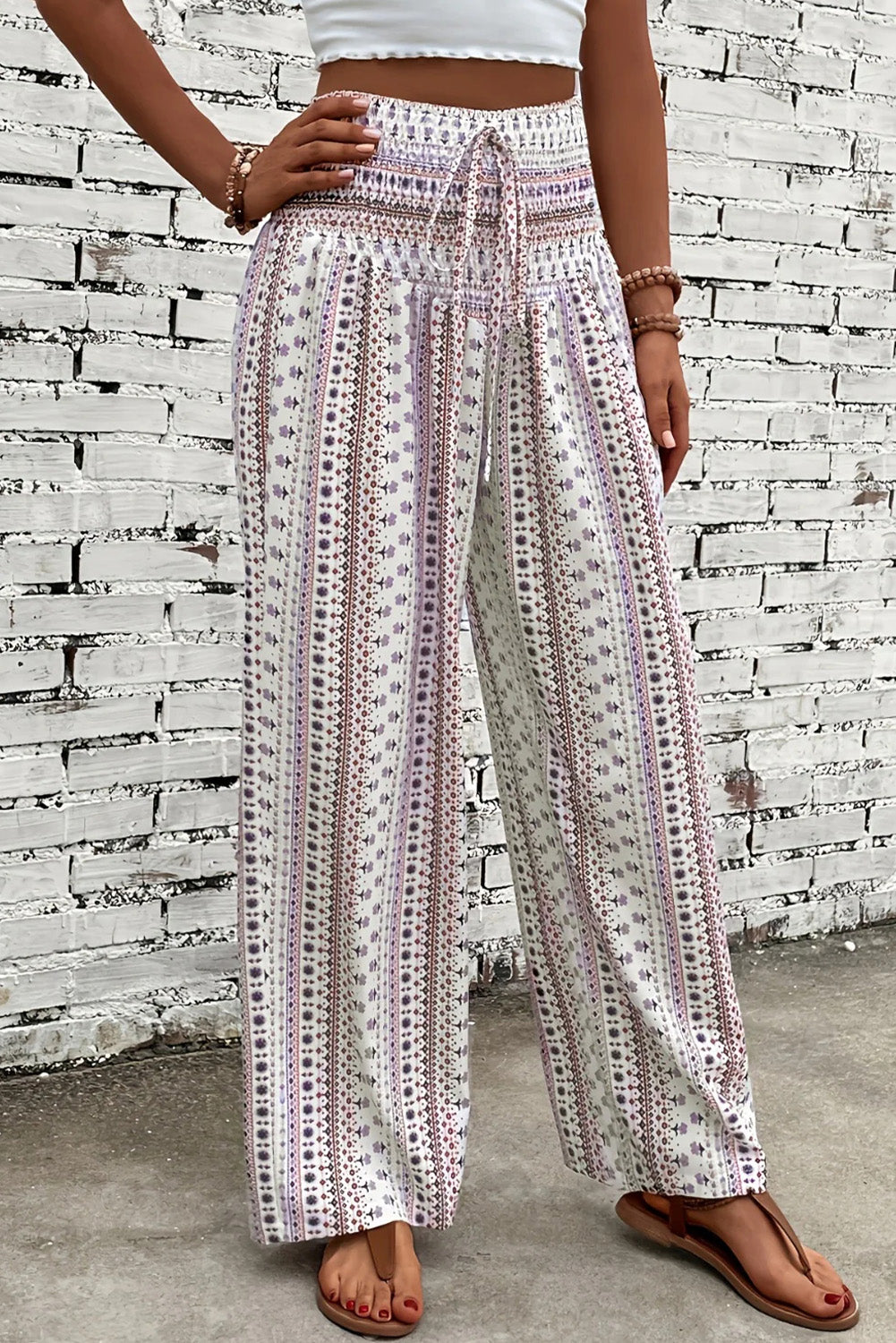 White Floral Print High Waist Drawstring Wide Leg Pants