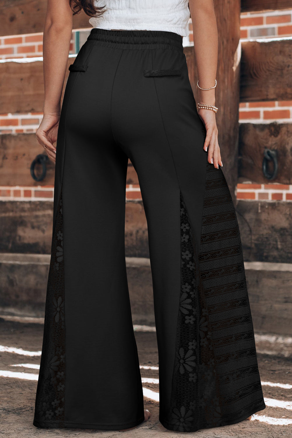 Lace Patchwork Wide Leg High Waist Pants in black or tan