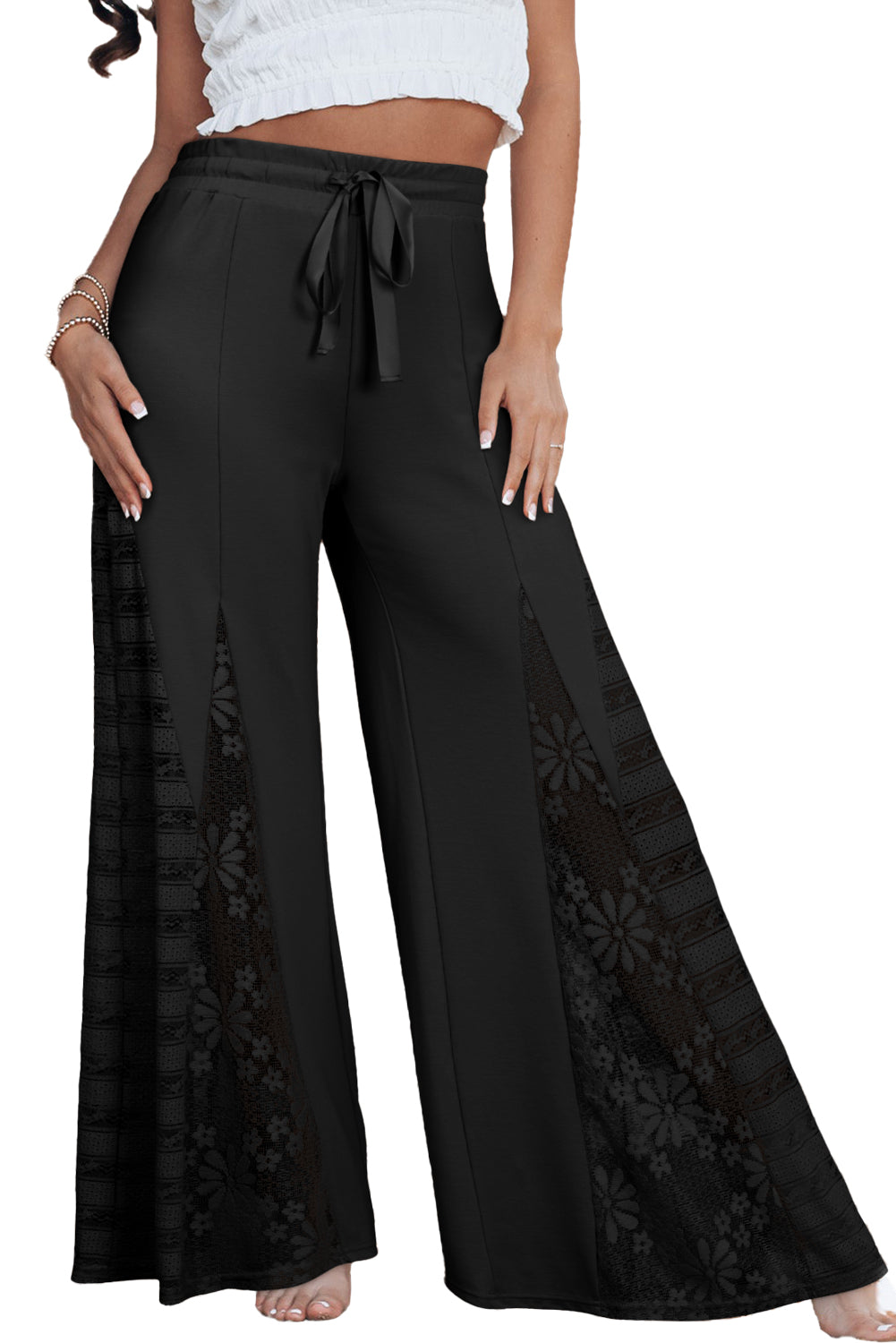 Lace Patchwork Wide Leg High Waist Pants in black or tan