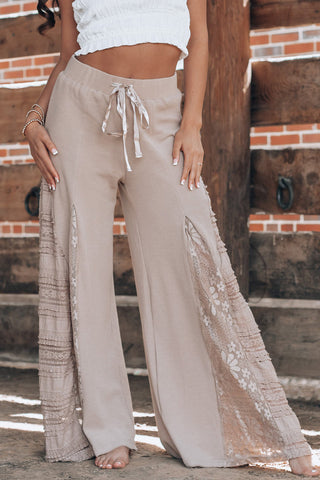 CLEARANCE Lace Patchwork Wide Leg High Waist Pants in black or tan