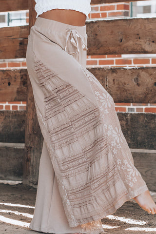 CLEARANCE Lace Patchwork Wide Leg High Waist Pants in black or tan