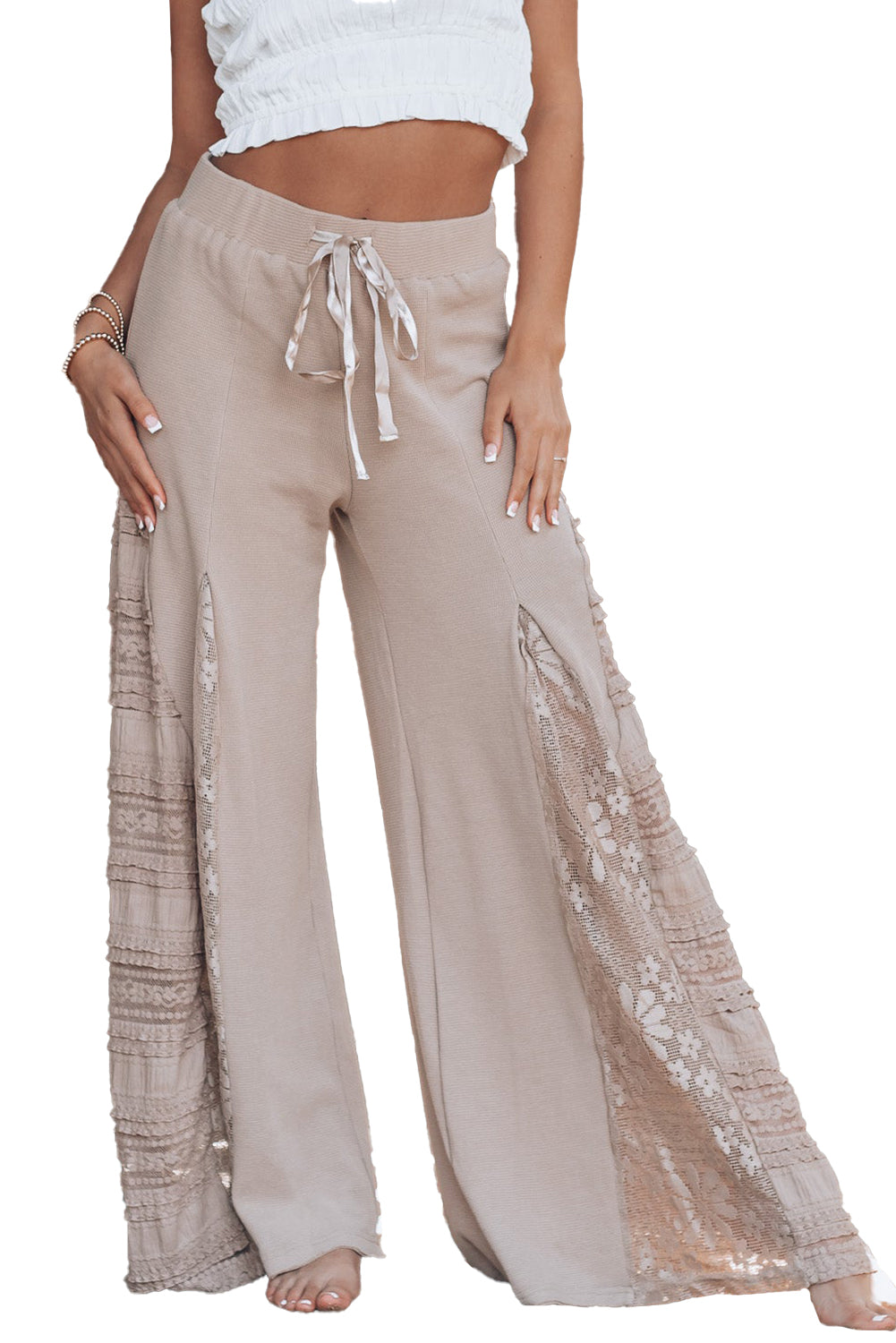 Lace Patchwork Wide Leg High Waist Pants in black or tan