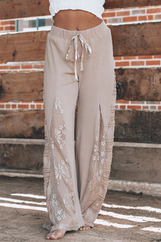 CLEARANCE Lace Patchwork Wide Leg High Waist Pants in black or tan