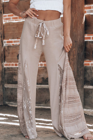 CLEARANCE Lace Patchwork Wide Leg High Waist Pants in black or tan