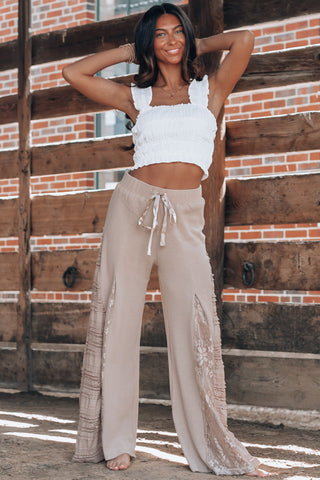 CLEARANCE Lace Patchwork Wide Leg High Waist Pants in black or tan