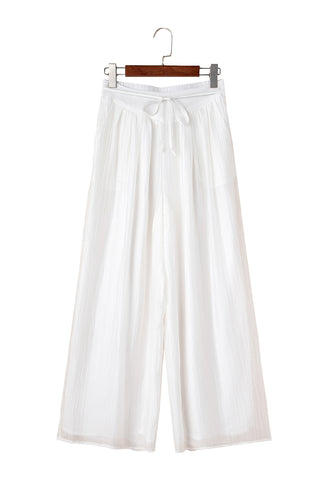 White Casual Tie Waist Pleated Wide Leg Pants