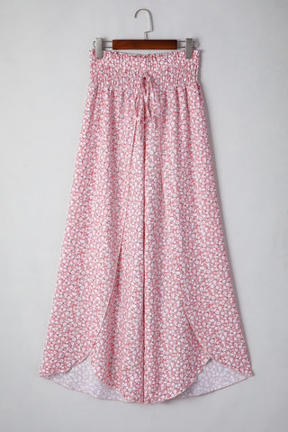 Print Shirred Side Slit Wide Leg Pants