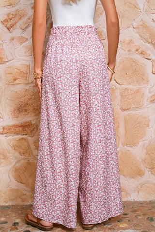 Print Shirred Side Slit Wide Leg Pants