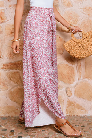 Print Shirred Side Slit Wide Leg Pants
