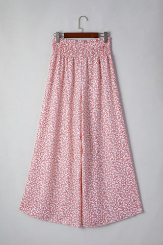 Print Shirred Side Slit Wide Leg Pants
