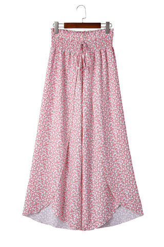 Print Shirred Side Slit Wide Leg Pants
