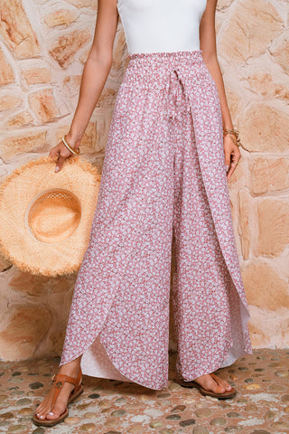 Print Shirred Side Slit Wide Leg Pants