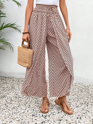 Print Shirred Side Slit Wide Leg Pants