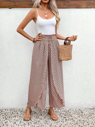 Print Shirred Side Slit Wide Leg Pants