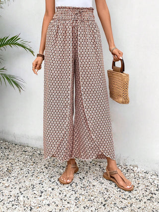 Print Shirred Side Slit Wide Leg Pants
