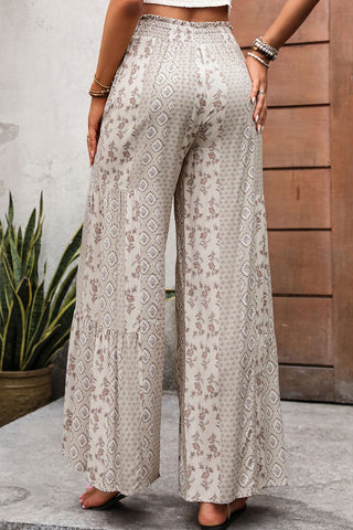 Beige Boho Ethnic Print Knot Waist Wide Leg Pants