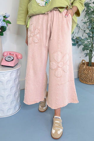 CLEARANCE Pink Flower Patch Mineral Washed Terry Knit Cropped Wide Leg Pants