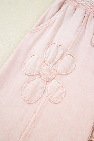 CLEARANCE Pink Flower Patch Mineral Washed Terry Knit Cropped Wide Leg Pants
