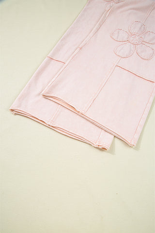 CLEARANCE Pink Flower Patch Mineral Washed Terry Knit Cropped Wide Leg Pants