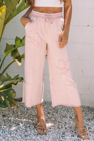 CLEARANCE Pink Flower Patch Mineral Washed Terry Knit Cropped Wide Leg Pants