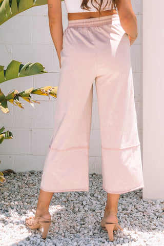 CLEARANCE Pink Flower Patch Mineral Washed Terry Knit Cropped Wide Leg Pants