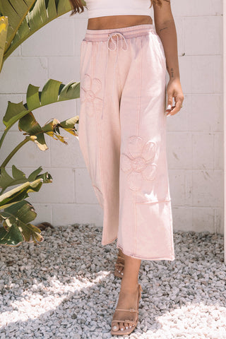 CLEARANCE Pink Flower Patch Mineral Washed Terry Knit Cropped Wide Leg Pants