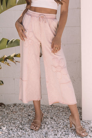CLEARANCE Pink Flower Patch Mineral Washed Terry Knit Cropped Wide Leg Pants