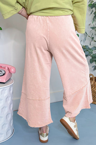 CLEARANCE Pink Flower Patch Mineral Washed Terry Knit Cropped Wide Leg Pants