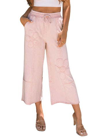 CLEARANCE Pink Flower Patch Mineral Washed Terry Knit Cropped Wide Leg Pants