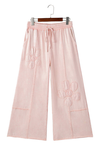 CLEARANCE Pink Flower Patch Mineral Washed Terry Knit Cropped Wide Leg Pants