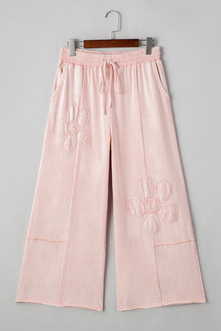 CLEARANCE Pink Flower Patch Mineral Washed Terry Knit Cropped Wide Leg Pants