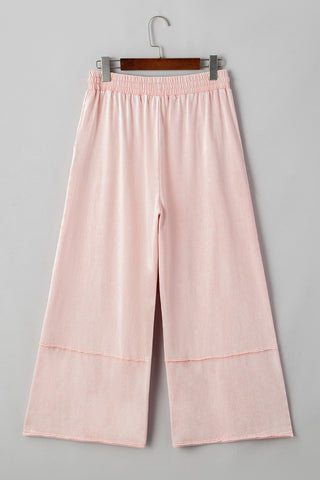 CLEARANCE Pink Flower Patch Mineral Washed Terry Knit Cropped Wide Leg Pants
