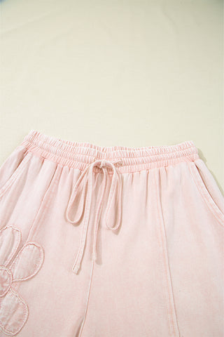 CLEARANCE Pink Flower Patch Mineral Washed Terry Knit Cropped Wide Leg Pants