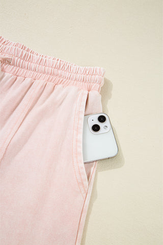 CLEARANCE Pink Flower Patch Mineral Washed Terry Knit Cropped Wide Leg Pants