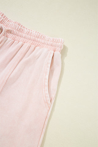 CLEARANCE Pink Flower Patch Mineral Washed Terry Knit Cropped Wide Leg Pants