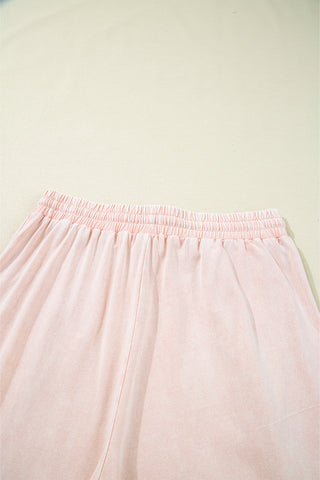 CLEARANCE Pink Flower Patch Mineral Washed Terry Knit Cropped Wide Leg Pants