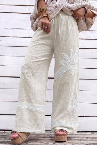 White Floral Lace Patchwork Boho Wide Leg Casual Pants