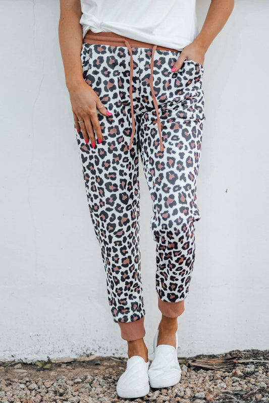 Brown Leopard Print Elastic Waist Drawstring Joggers