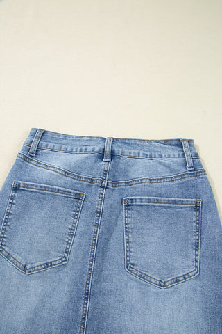 Irregular Distressed Bottom Denim Midi Skirt