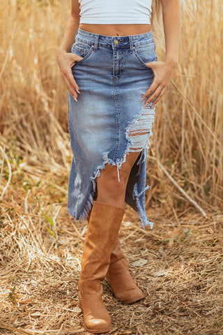 Irregular Distressed Bottom Denim Midi Skirt