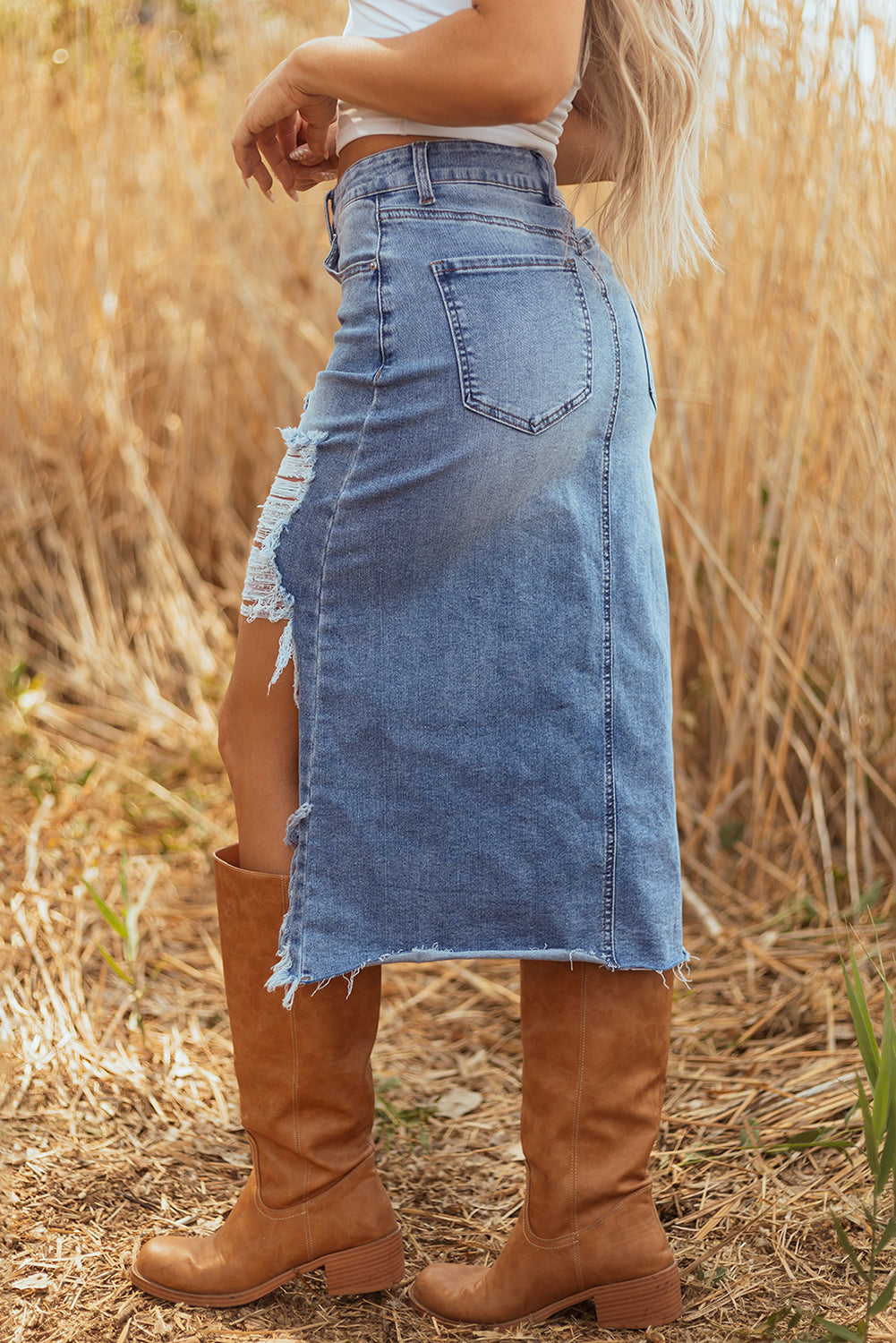 Irregular Distressed Bottom Denim Midi Skirt