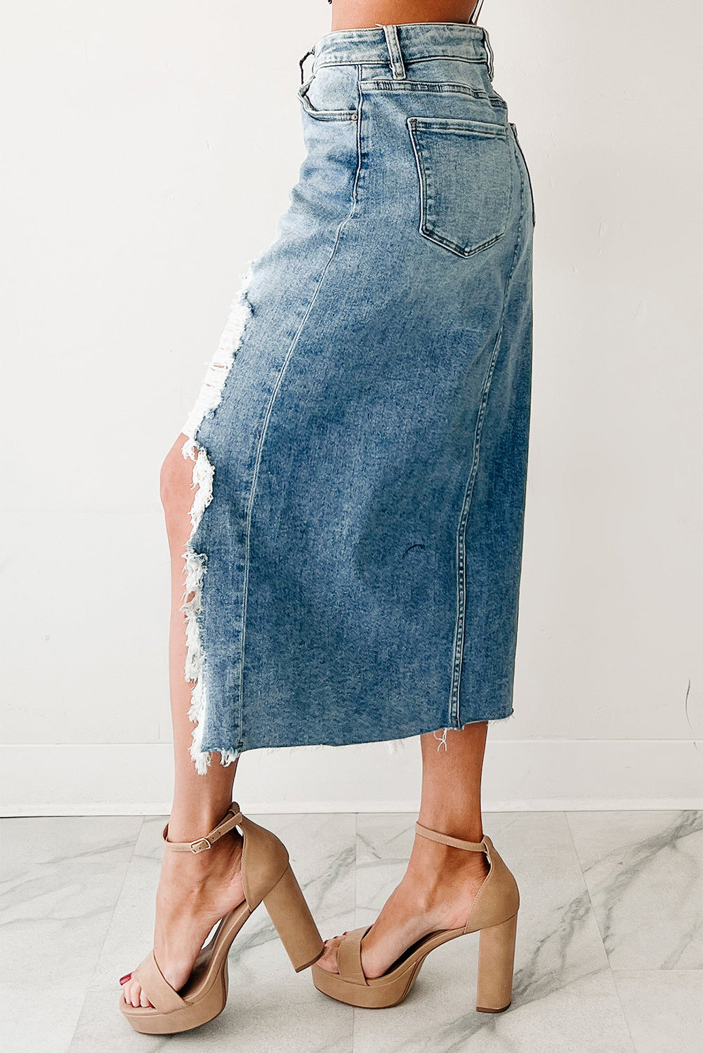 Irregular Distressed Bottom Denim Midi Skirt