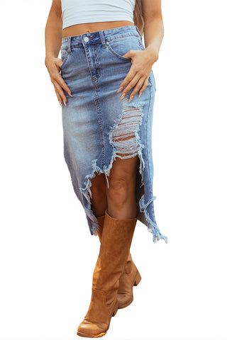 Irregular Distressed Bottom Denim Midi Skirt