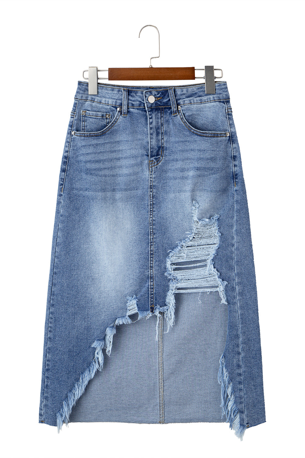 Irregular Distressed Bottom Denim Midi Skirt